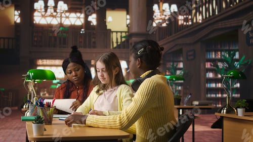 Preview: Preteens girls and their professor collaborating on schoolwork at the library