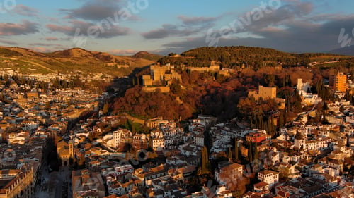 Preview: Bird's-eye view of the Alhambra fortress and palace in Andalusia, Spain captured from above