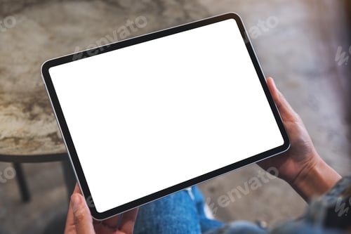 Preview: Mockup image of a woman holding digital tablet with blank white desktop screen