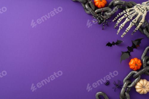 Preview: Thrilling Halloween party inspiration. High-angle image showcasing pumpkins, paper bats