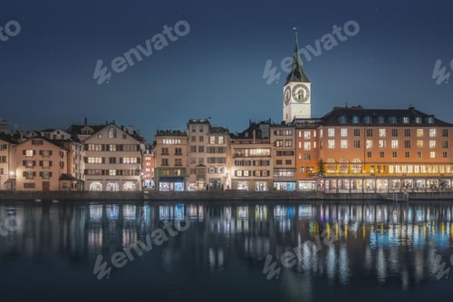 Preview: Zurich Skyline at night with St Peters Church - Zurich, Switzerland