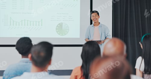 Preview: Presentation, question and asian businessman in digital marketing, data analytics and research on m