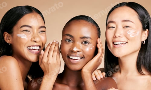Preview: Woman, beauty portrait and smile with cream for facial skincare wellness, luxury product and happy