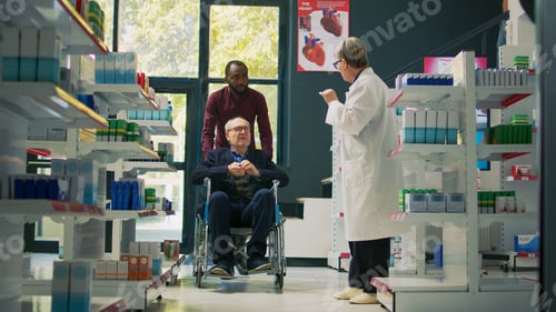 Preview: Male caretaker helping senior man in wheelchair to come at pharmacy shop