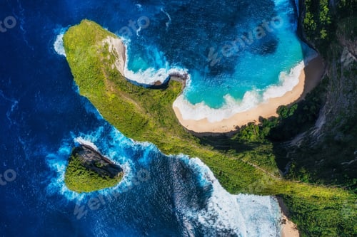 Preview: Aerial view at sea and rocks. Natural landscape. Kelingking beach. Nusa Penida. Bali. Indonesia.