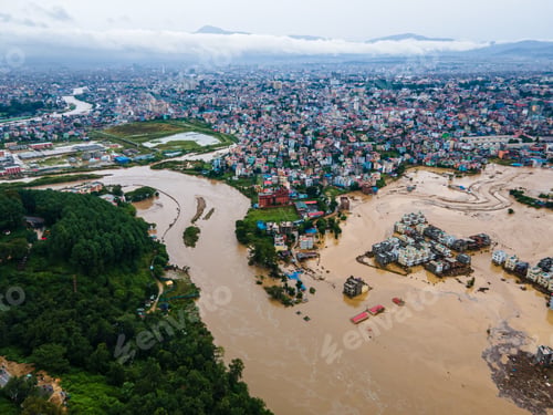 Preview: Drone view of the Nakhu River flooded in Lalitpur, Nepal.