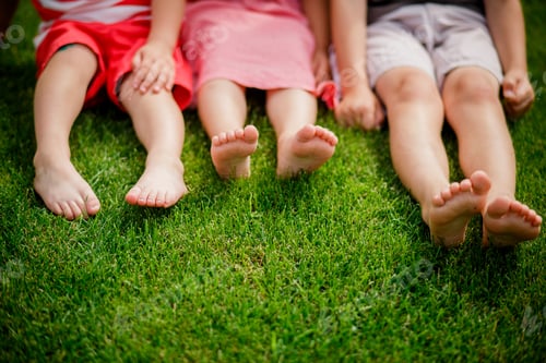 Preview: children's legs on the grass. bare legs of little girls sitting on the meadow. Selective focus