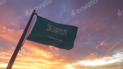 Preview: Saudi Arabia Flag on Flagpole by Evening Sunset Sky