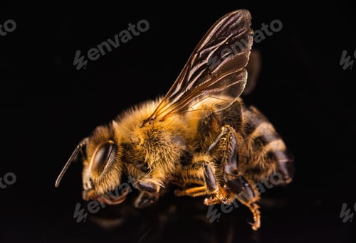 Preview: Closeup of dead honey bee on black background