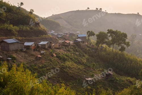 Preview: Sunset in the mountains near Mrauk U in the Rakhine State, Myanmar (Burma)
