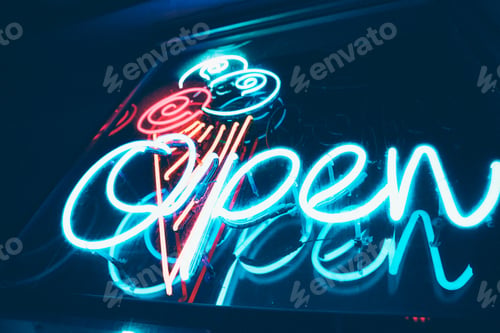 Preview: Open sign of ice cream shop at night