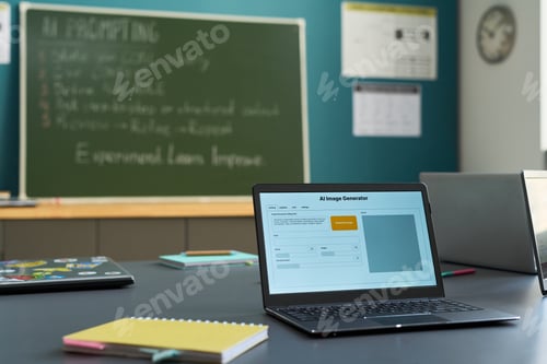 Preview: Laptop Displaying AI Image Generator Application in Modern Classroom Setting