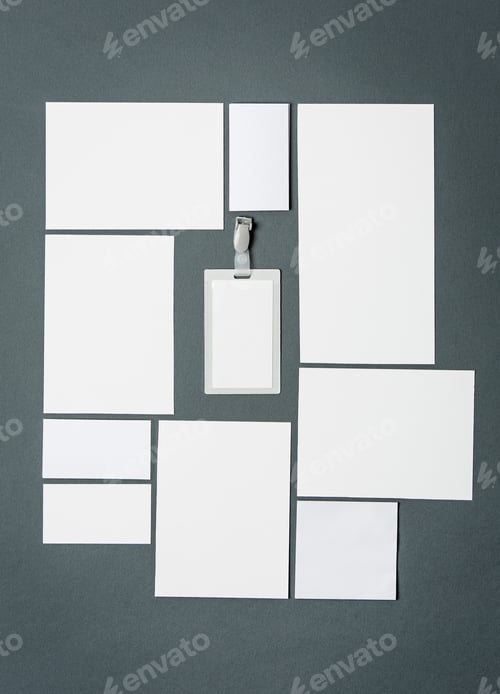 Preview: Mock-Up Business Template With Cards, Papers, Pen. Gray Background.