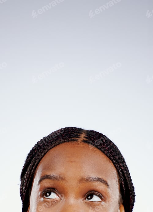 Preview: Thinking, face and eyes of black woman with question, solution or remember ideas in white backgroun