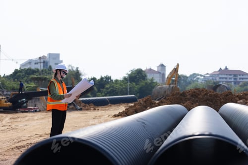 Preview: A female engineer reviews blueprints at a construction site.