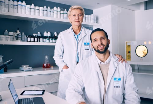 Preview: Portrait, science and a team of doctors in a laboratory for research or innovation in medicine brea