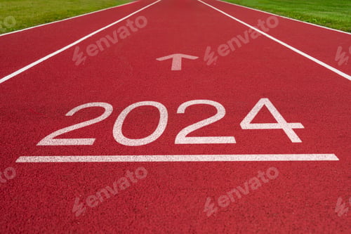 Preview: Year 2024 concept, success year. Athletics track with text 2024. Concept of challenge or career path