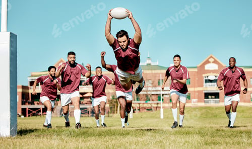 Preview: Rugby, athlete on field and sports game with men, team running and player score a try with ball, fi