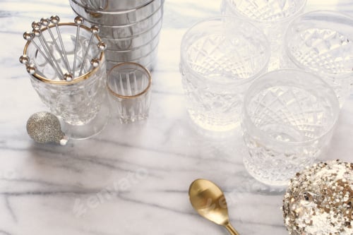 Preview: Holiday decorations with elegant bar ware objects. Marble copy space