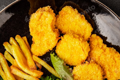 Preview: Nuggets and french fries fast food tasty snack fresh delicious gourmet food on the table
