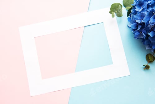 Preview: White frame and blue hydrangea flowers