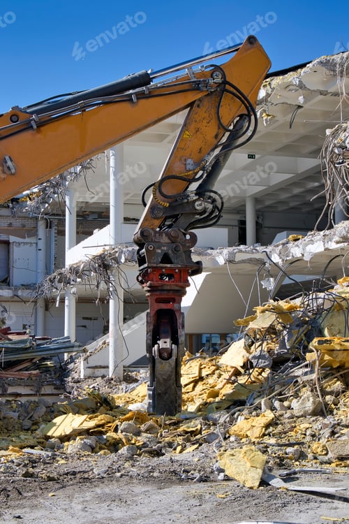 Preview: excavator machine at a demolition construction site