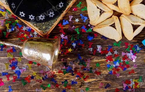 Preview: Purim celebration jewish carnival holiday hamantaschen cookies with over wooden table and kosher