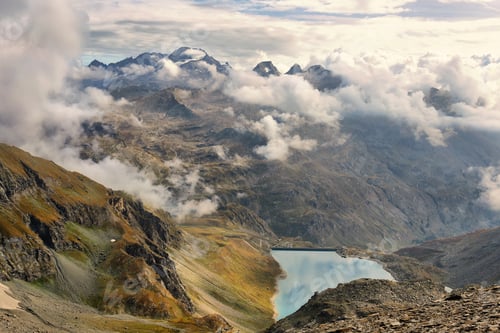 Preview: View of Serru lake from Col de la Lose in Vanoise national park, french alps,