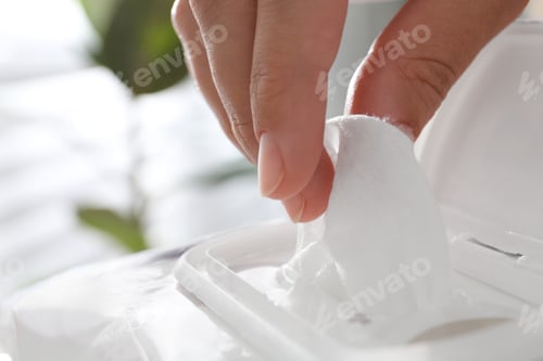 Preview: Woman taking wet wipe from pack on blurred background, closeup