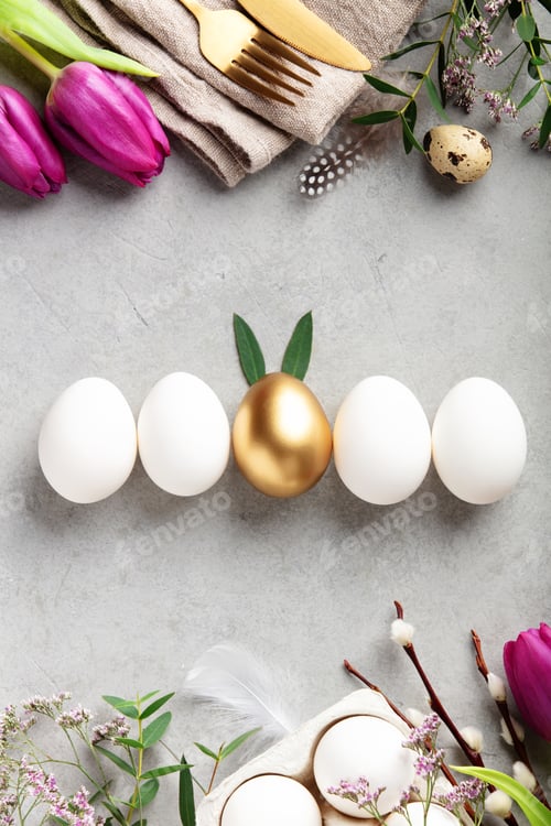 Preview: Elegant Easter Flat Lay with Golden Egg Accent