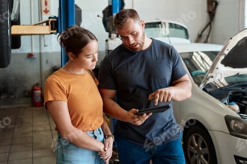 Preview: Shot of a woman talking to a mechanic in an auto repair shop