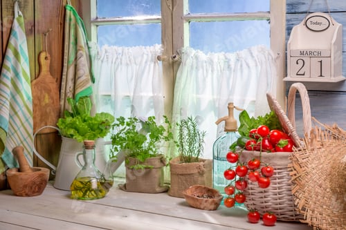 Preview: Spring vegetables on a sunny day on old wooden table