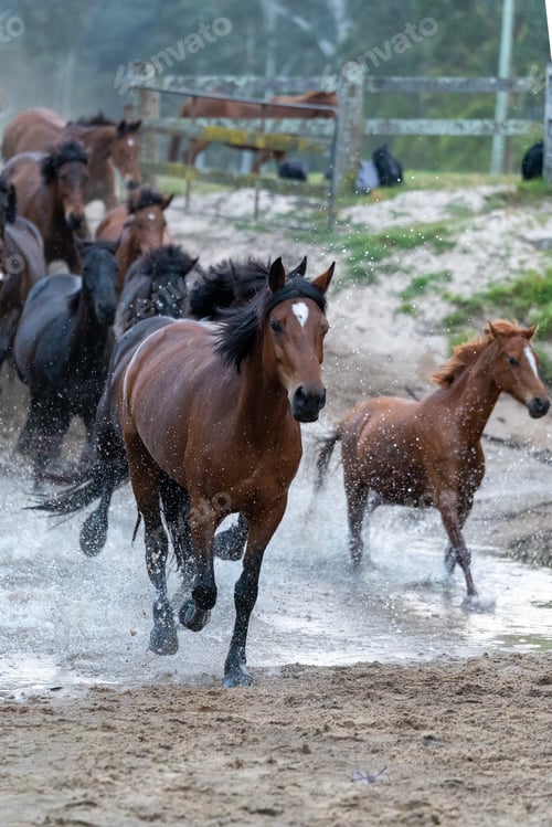 Preview: Horse herd galloping splashing muddy water river