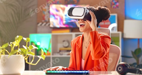 Preview: Happy woman, vr and gamer with virtual vision for futuristic experience, interface or ai technology
