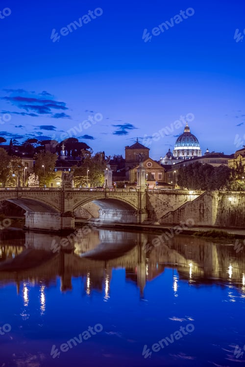 Preview: Ornate buildings and bridge illuminated at night, Rome, Italy