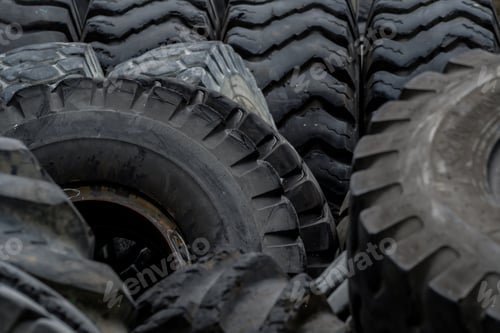 Preview: Closeup used truck tires. Old tyres waste for recycle or for landfill. Black rubber tire of truck.
