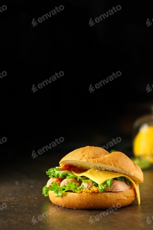 Preview: Burger With Sausages, Cheese, Lettuce, Tomato Sauce (Snack Sandwich, Kaiser Bun)