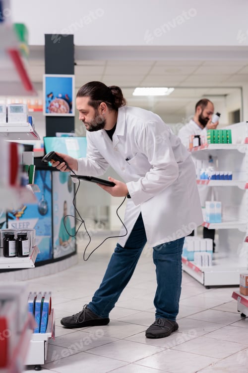 Preview: Drugstore worker looking at drugs packages while scanning supplements products using store scanner