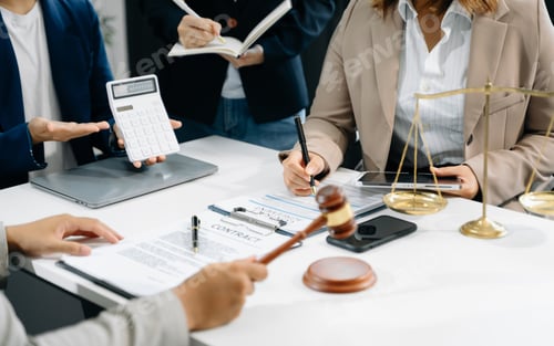 Preview: business people and lawyers discussing contract papers sitting at the table. Concepts of law,