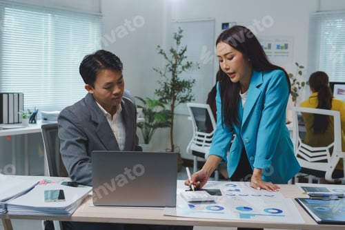 Preview: Businesswoman pointing at charts while discussing strategy with businessman seated at his desk, work