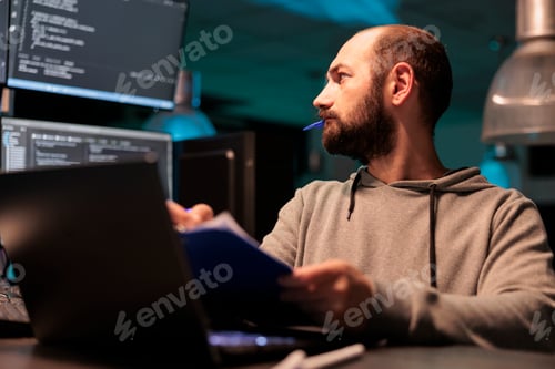 Preview: Web developer analyzing source code with papers