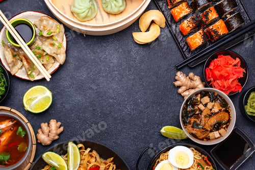 Preview: Asian food. Chinese, Japanese and Thai cuisine