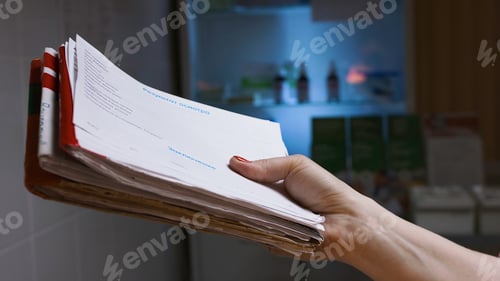Preview: Nurse holding out card with results of examination. Stock footage. Close-up of nurse giving results
