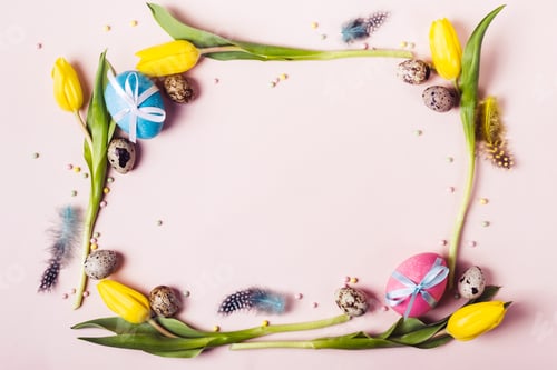 Preview: Easter Frame of beautiful yellow tulips, decorated eggs and beads. Holiday mock up