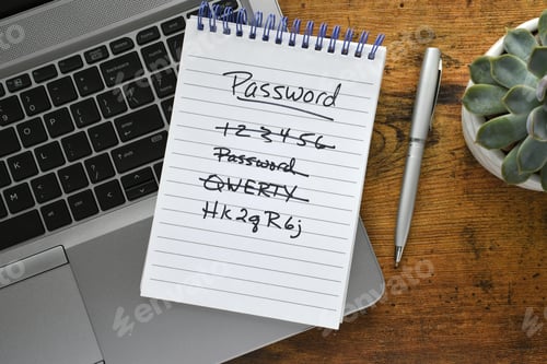Preview: Password list on notebook laying on keyboard of laptop computer on desk. Security strong password