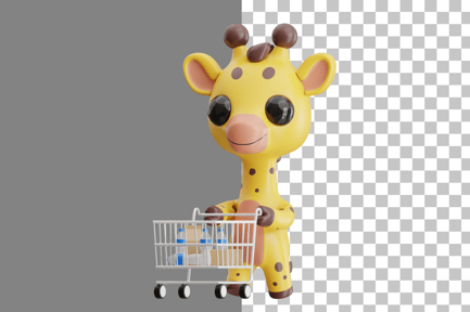 Preview: Giraffe Character Pushing Shopping Trolley 3D Illustration