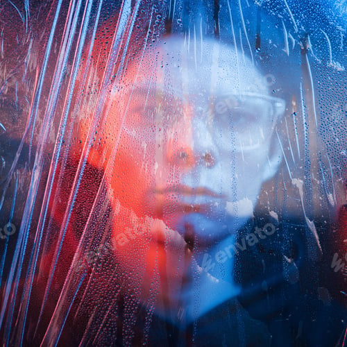 Preview: Studio shot in dark studio with neon light. Portrait of serious man behind the wet glass