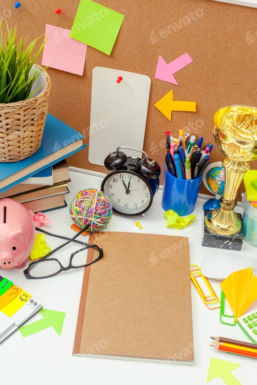Preview: Work place of a creative person with a variety of colorful stationery objects