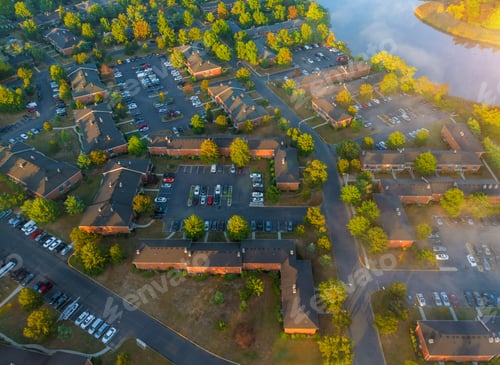 Preview: Aerial bird eye view houses of low rise houses in quite sleep area in middle class community a