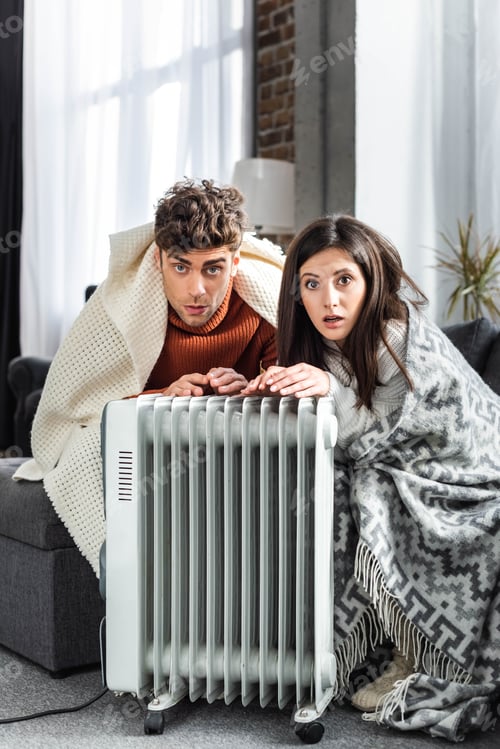 Preview: attractive girlfriend and boyfriend covered with blankest warming up near heater